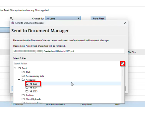 Choosing which documents to send and the destination folder in Engager