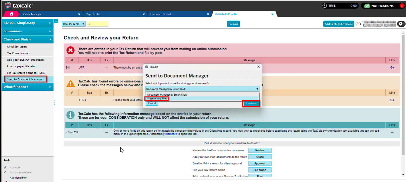 Selecting Engager.app in the Send to Document Manager drop-down